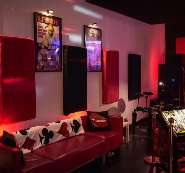 Studio lounge with platinum plaques and seating