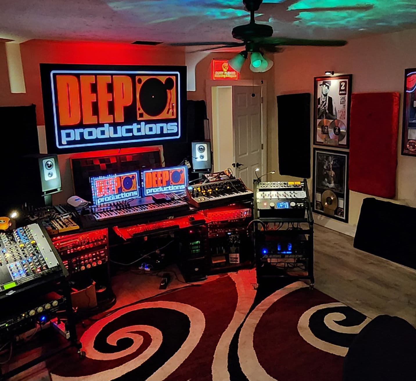 Deep Productions control room — analog mixing console and monitors